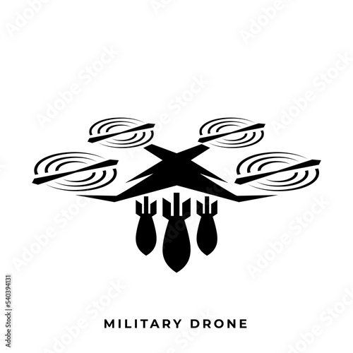 Vector military drone with bombs logo design. Quadcopter with aircraft mine for modern military infographics.