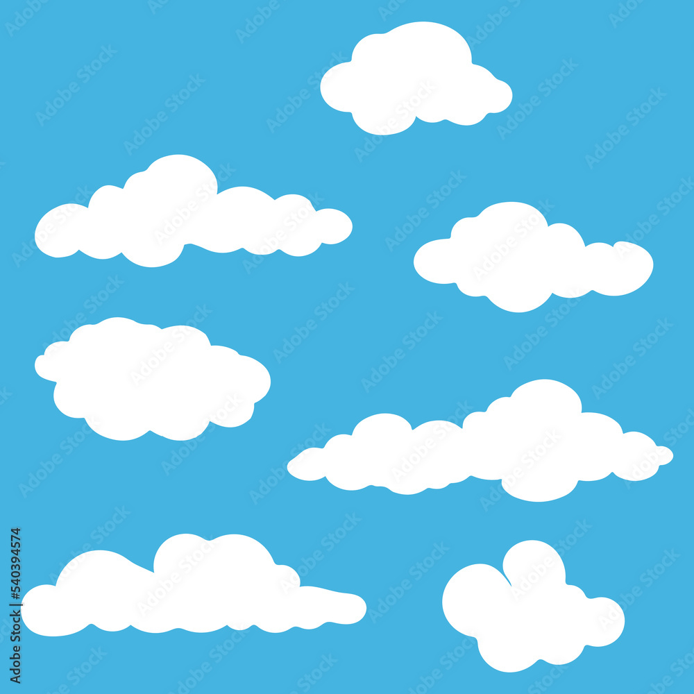 Cloud set. Abstract white cloudy set isolated on blue background. Vector illustration.