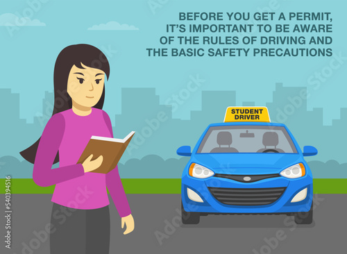 Car drive practicing. Before you get a permit, it's important to be aware of the rules od driving and precautions. Femalte student driver reading a book. Flat vector illustration.