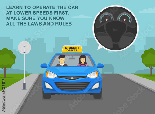 Car drive practicing. Learn to operate the car at lower speeds first, make sure you know all the laws and rules. Instructor sitting in a car next to a female student driver. Flat vector illustration.