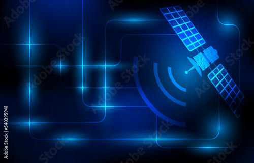 satellite communication technology on neon blue background. Satellite dish transmits and receives a signal from space. Space Internet. World Wide Web. Telecoms network. Satellite signal transmission.