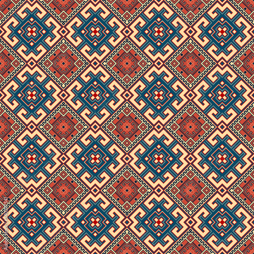geometric ornament. ukrainian vyshyvanka motif. vector seamless pattern. blue and red repetitive background. fabric swatch. wrapping paper. continuous design template for home decor, textile, apparel