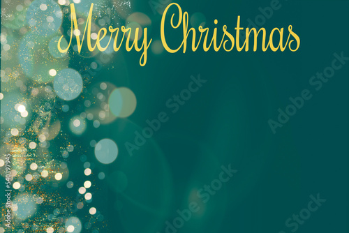 merry christmas greeting card template in deep green color with bokeh lights. copy space. trendy dark green color for holiday design.