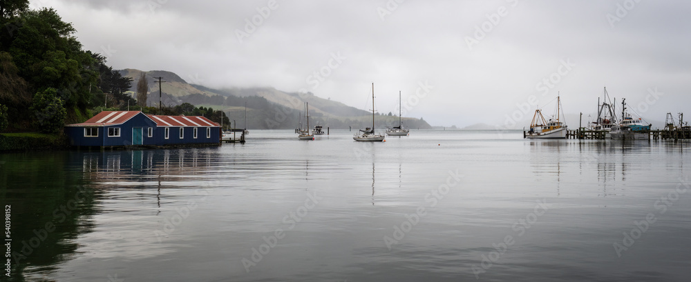 Panorama view of peaceful Carey’s Bay, Dunedin.