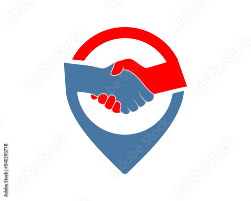 Location pin with hand shake inside