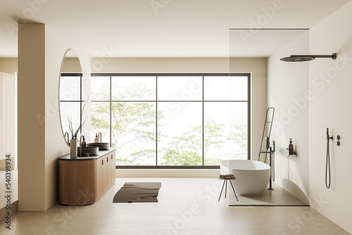 Modern bathroom interior with washbasin and tub with shower  panoramic window