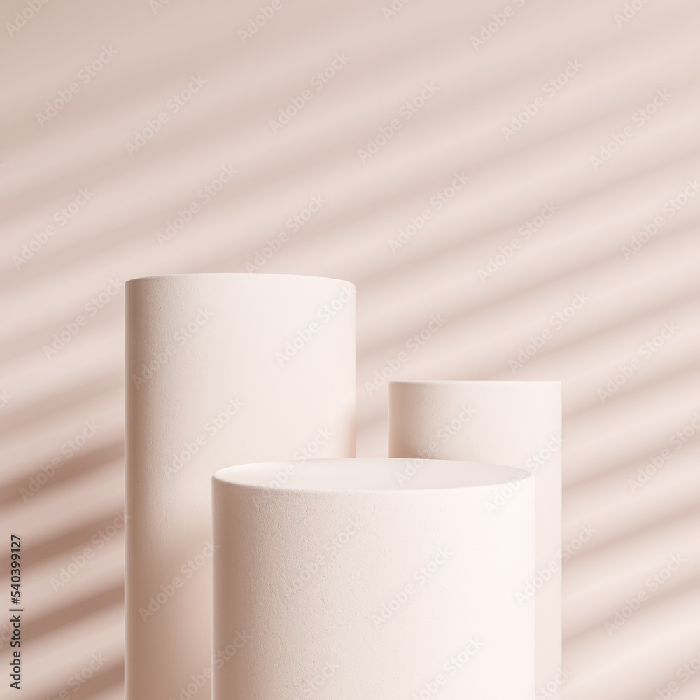 Three white columns on light background, mockup for product display Three white columns on light background, mockup for product display