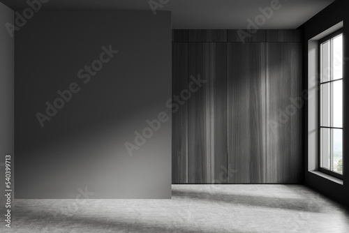Grey empty room interior and panoramic window on countryside. Mockup wall