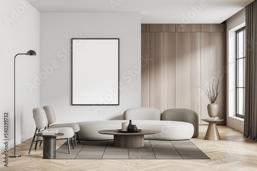 White guest interior with couch and chairs, panoramic window. Mockup frame