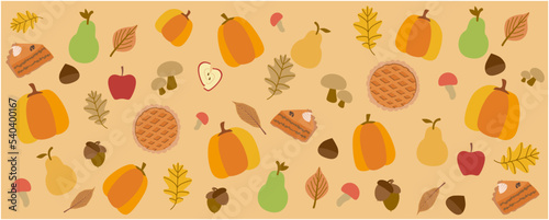 Autumn harvest concept graphic. Autumn vegetables and food, pumpkins, pears, apples, pumpkin cake, mushrooms. acorns, pies decoration background. Thanksgiving day illustration Vector.