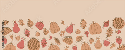 Autumn harvest concept graphic. Autumn vegetables and food, pumpkins, pears, apples, pumpkin cake, mushrooms. acorns, pies decoration background. Thanksgiving day illustration Vector.