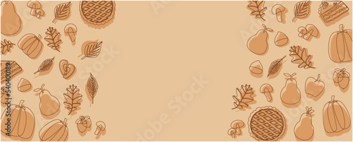 Autumn harvest concept graphic. Autumn vegetables and food, pumpkins, pears, apples, pumpkin cake, mushrooms. acorns, pies decoration background. Thanksgiving day illustration Vector.