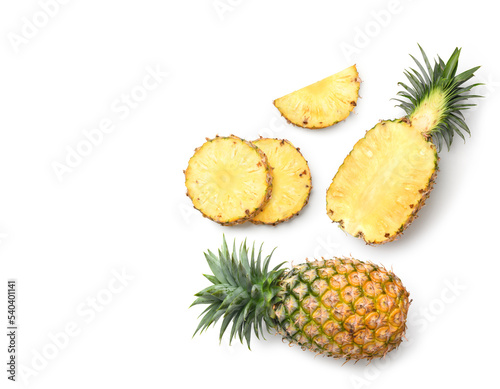 Top view of Pineapple with slices isolated on white background.