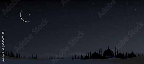 Islamic card with Silhouette Dome Mosques,Crescent moon,orange,blue sky background,Vetor Ramadhan Night with twilight dusk sky for Islamic religion,Eid al-Adha,Eid Mubarak,Eid al fitr,Ramadan Kareem