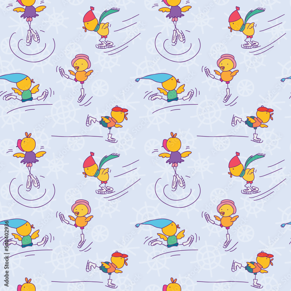 Winter sport animals seamless pattern. Cute chickens on figure skates. Funny animal playing in winter.