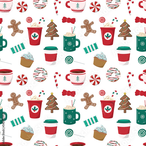 Hot winter drinks and holiday bakery seamless pattern. Coffee with cream, cocoa with marshmallows, cupcakes, donuts, and cookies. Isolated on white background. Holiday themed digital paper.