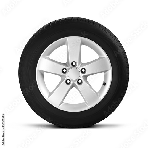 Cast disc with winter tyres. Isolated on a white background