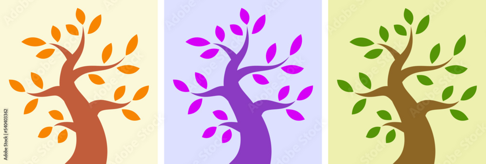 Tree icons set. Set of colorful season tree emblems. Park insignia. Vector illustration.