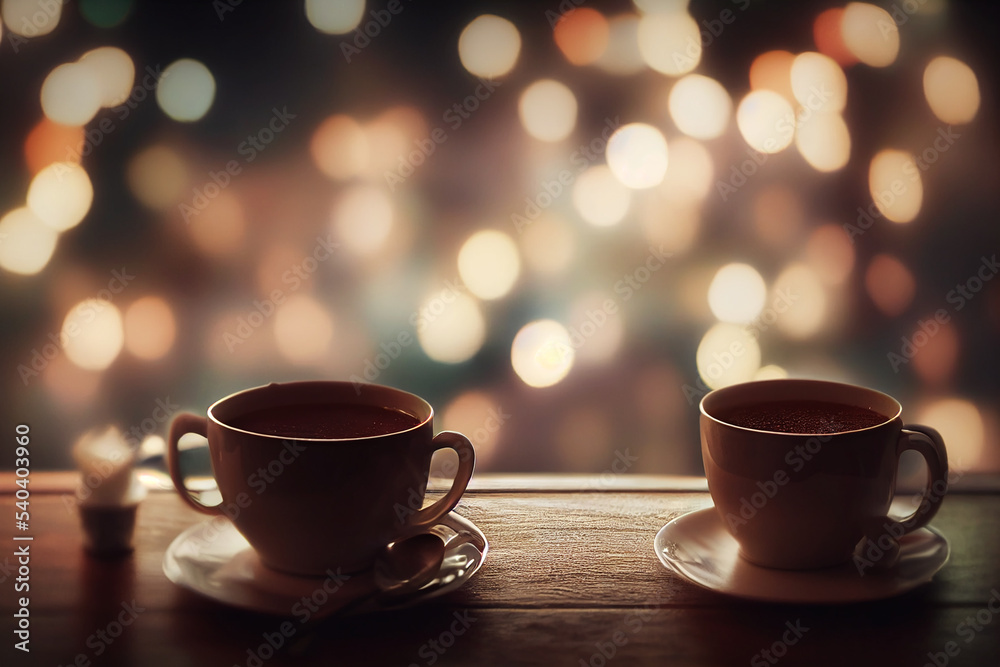 hot drink on empty wooden table and Christmas lights 3d illustration