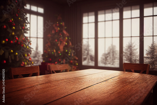 wooden table and Christmas lights 3d illustration