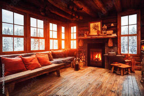 cozy rustic winter cabin interior 3d illustration Fototapet