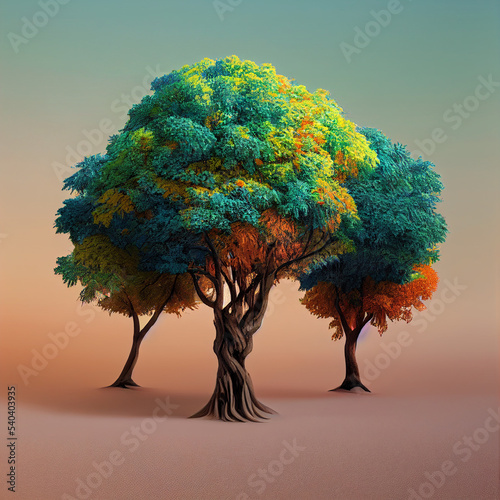 Digital Drawn 3D colored trees, 