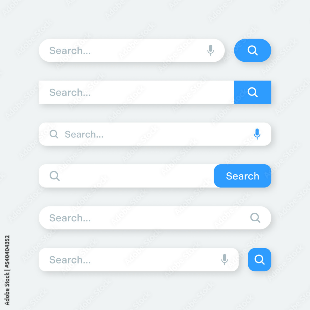 Various search bar templates. Internet browser engine with search box, address bar and text field. UI design, website interface element with web icons and push button. Vector illustration