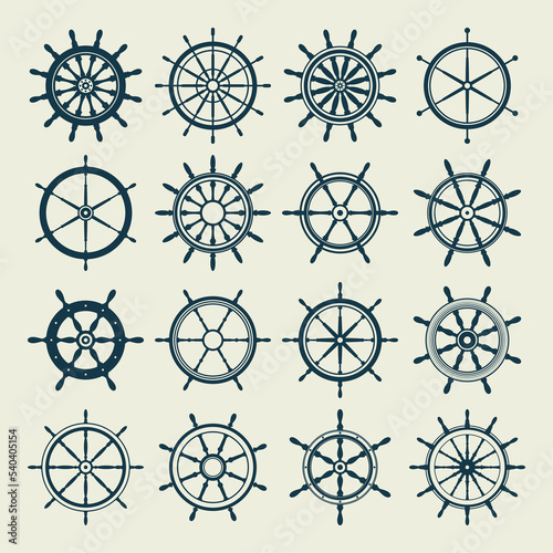 Collection of vintage steering wheels. Ship, yacht retro wheel symbol. Nautical rudder icon. Marine design element. Vector illustration