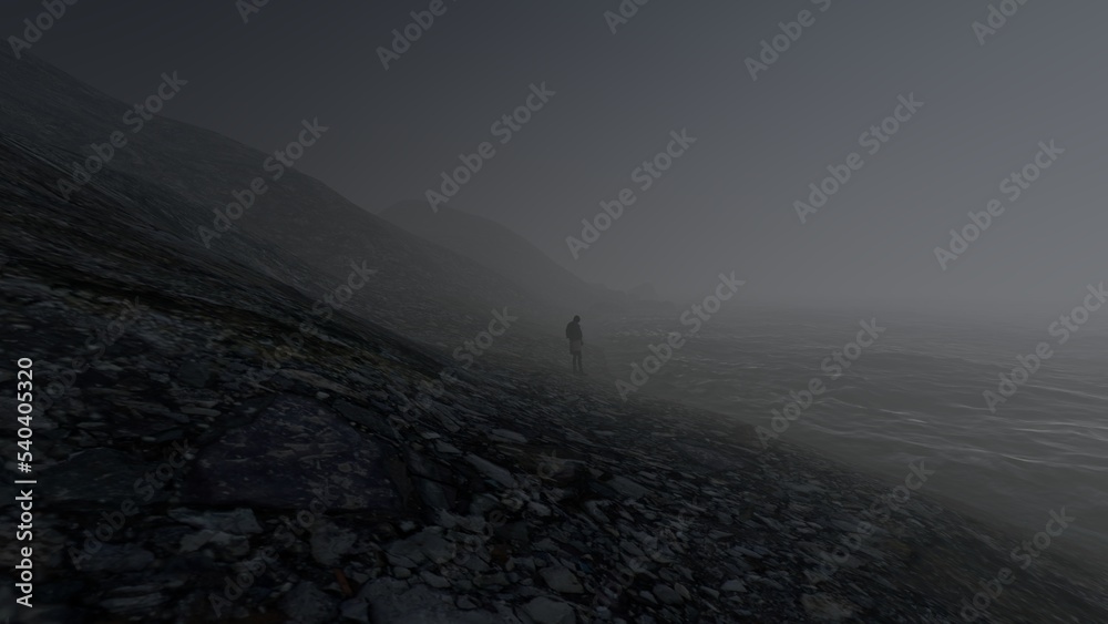 alone in darkness of thick fog liminal space