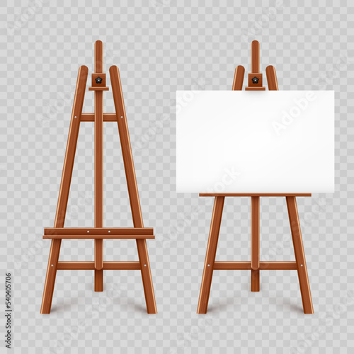 Realistic paint desk with blank white canvas. Wooden easel and a sheet of drawing paper. Presentation board on a tripod. Artwork mockup, template. Vector illustration