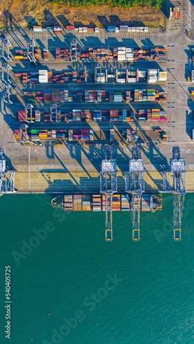 Vertical top view of ISO containers for cargo on a ship in Kochi, the coastal line of Kerala, India
