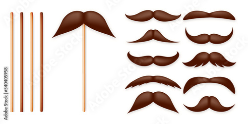 Realistic fake mustache on a wooden stick. Vintage paper mustache for carnival or holiday. Various brown facial hair, fashionable hipster beard. Vector illustration
