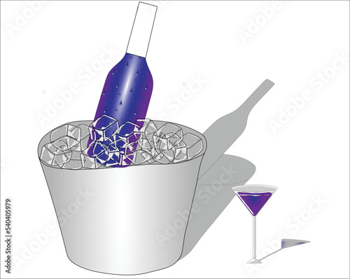 vector bottle of wine with a bucket filled with ice cubes with a wine glass on the side