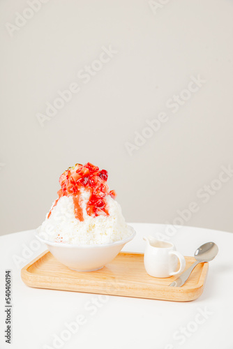 Strawberry Japanese shaved ice. Snow ice with Strawberry toping and milk.