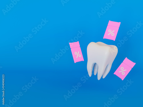 3d realistic healthy tooth with coupons on blue background. Concept of discounts on dental treatment. 3d rendering illustration. photo