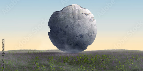 Abstract realistic 3d illustration. Nature landscape with grass field and round stone ball ruin  ancient sphere. Creative modern surreal ambient panoramic background. Minimal fantasy art render.