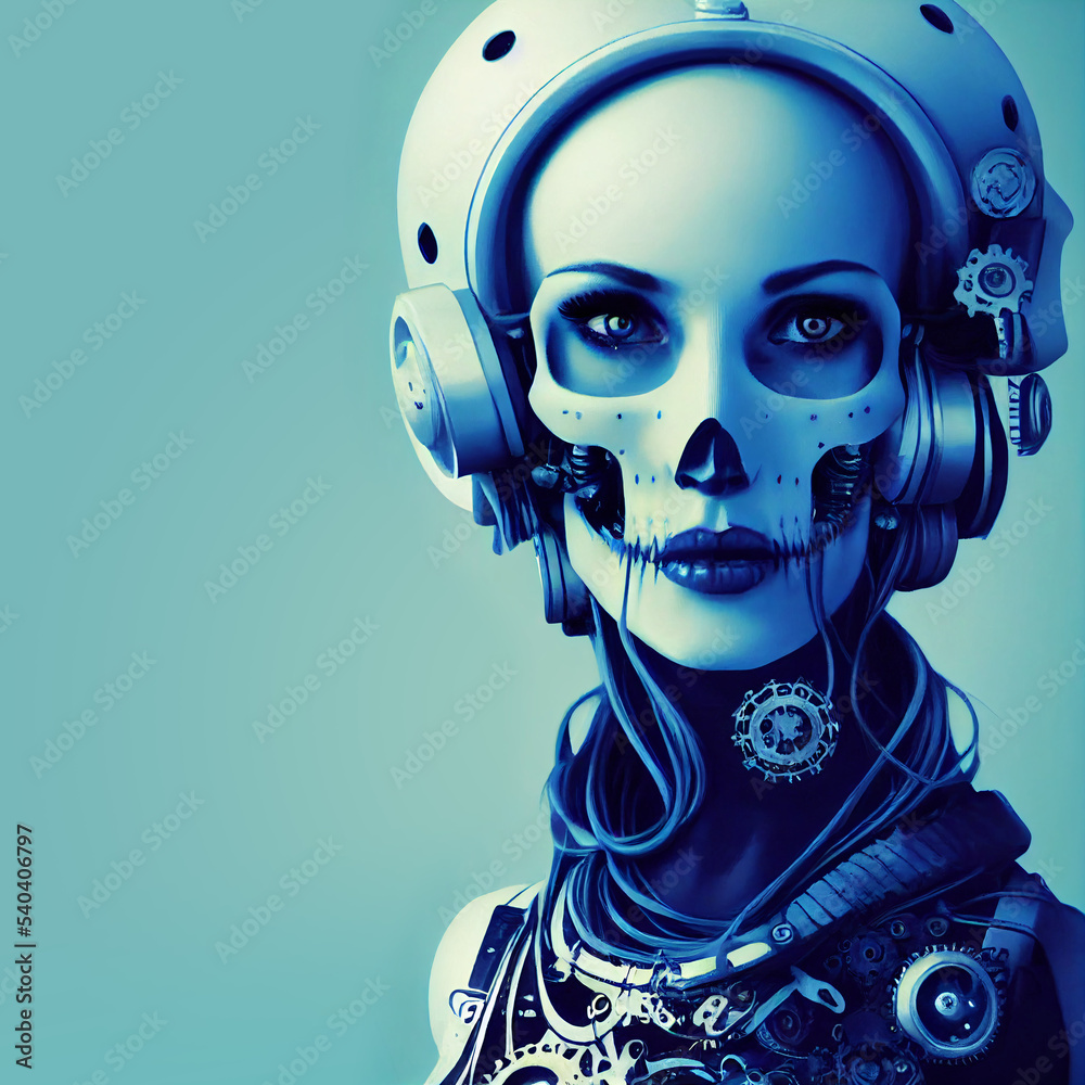 female cyborg with futuristic headphones, modern techno woman with white  skull face mask, fictional person created with generative ai Stock  Illustration | Adobe Stock