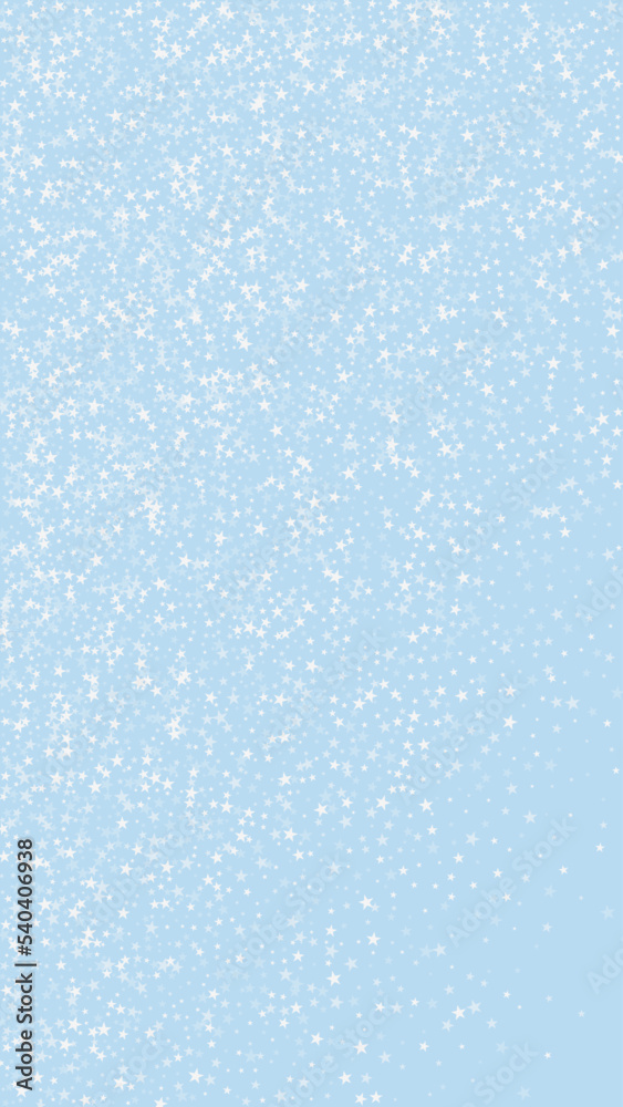 Beautiful snowfall christmas background. Subtle flying snow flakes and stars on light blue winter backdrop. Beautiful snowfall overlay template. Vertical vector illustration.
