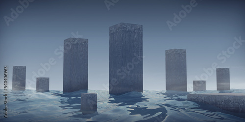 Abstract realistic 3d illustration. Creative modern surreal ambient panoramic background. Beautiful ocean  sea water surface with stone columns  concrete boxes. Minimal fantasy art render.