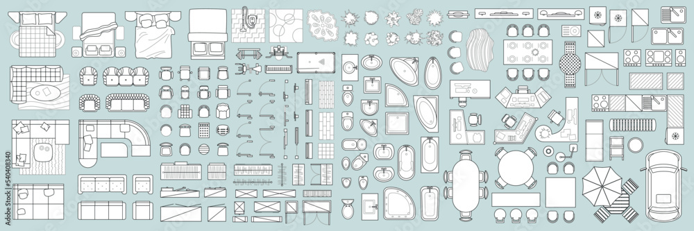 Vector set. Architectural elements and furniture for the floor plan. Top view. Beds, sofas, kitchens, chairs, doors, windows, wardrobes, trainers, tables, baths, toilet bowls. View from above. - obrazy, fototapety, plakaty 