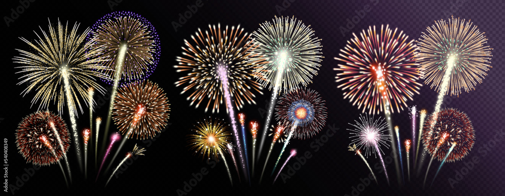 Three groups of realistic fireworks isolated on transparent background. Vector illustration.
 - obrazy, fototapety, plakaty 