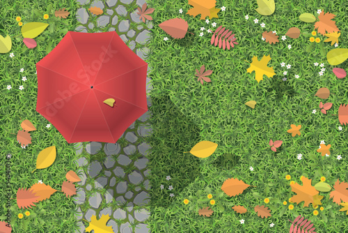 Vector illustration. Red umbrella and autumn falling leaves. Stone path in the garden with green grass. Top view.