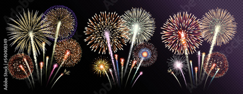 Three groups of realistic fireworks isolated on transparent background. Vector illustration.
