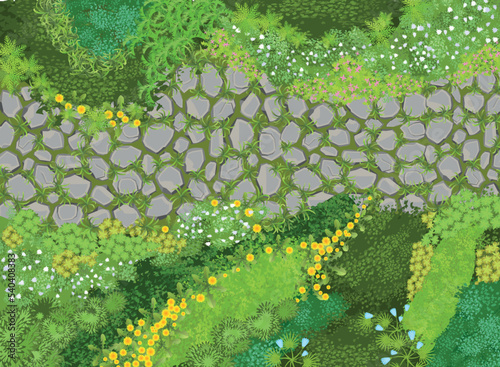Vector illustration. Stone path in the garden with flowers. Top view. Park landscape with various plants. View from above.