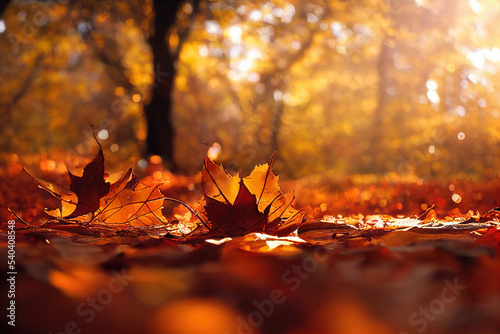 Fall leaf background in the sunshine  close-up of an autumn nature scene in a forest in golden October with copy space