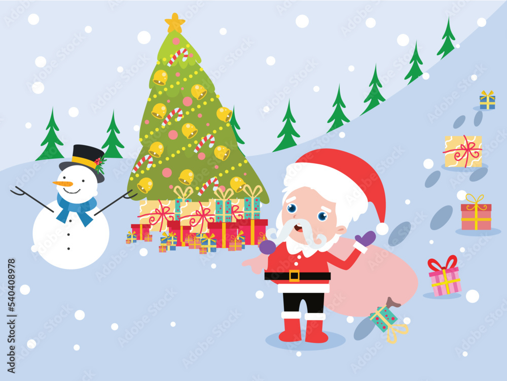 Christmas card with snowman, Santa Claus, and tree