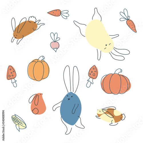 Set of funny rabbits in doodle style. Autumn vegetables. The bunny is a symbol of 2023. Hare Vector graphics isolated on white background.