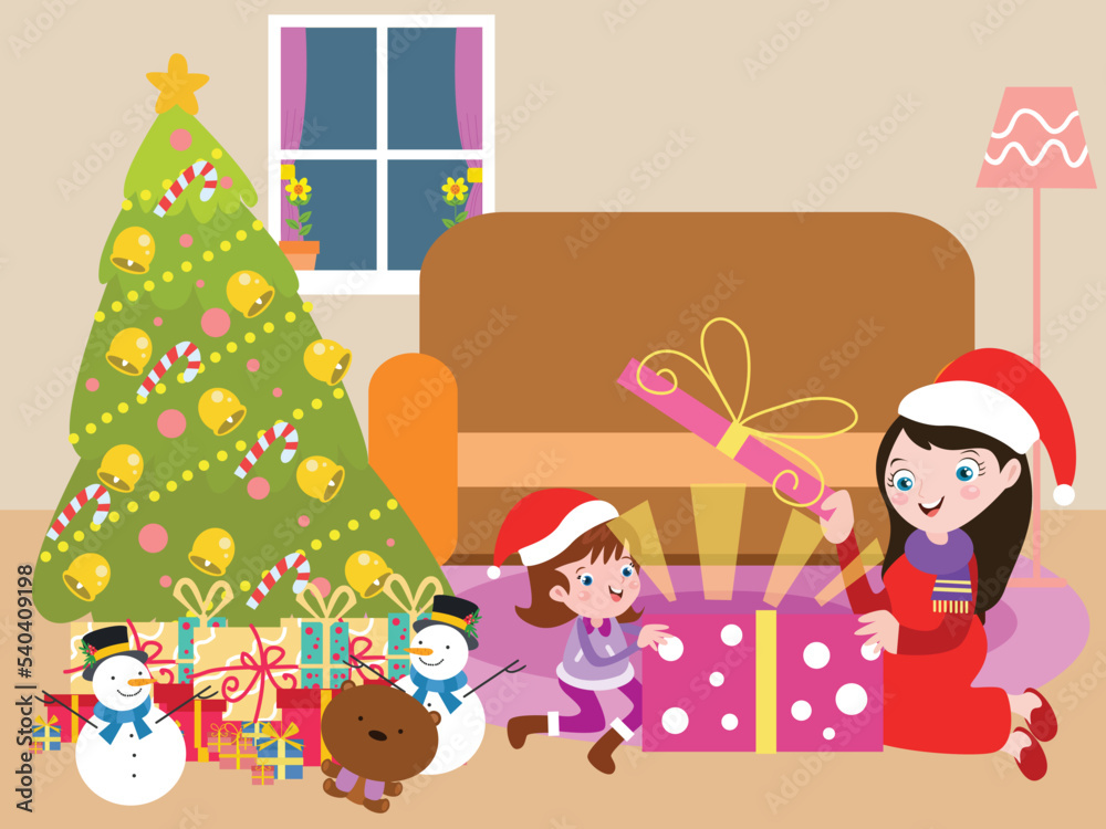 Girl and mother opening a christmas gift in the living room with Christmas tree decoration Girl and mother opening a christmas gift in the living room with Christmas tree decoration