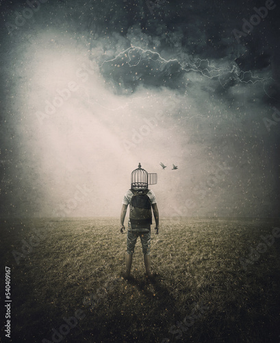 Fotografie, Tablou Surreal scene of a person with birdcage instead of head