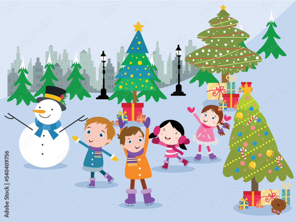 children playing with snow and christmas tree while holding gift box